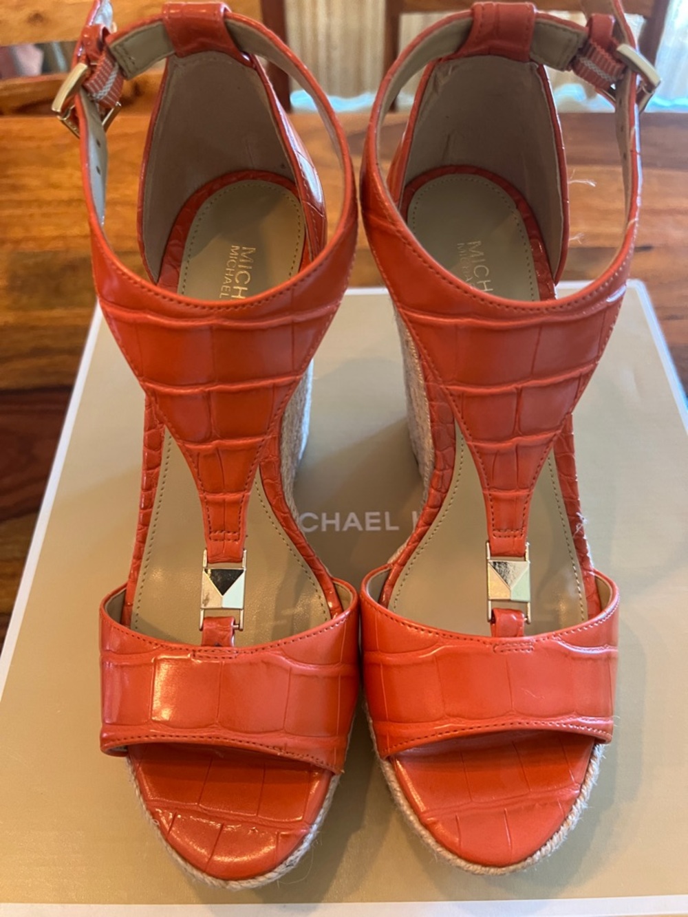Michael Kors Orange Croc-Embossed Espadrille Wedge Sandals